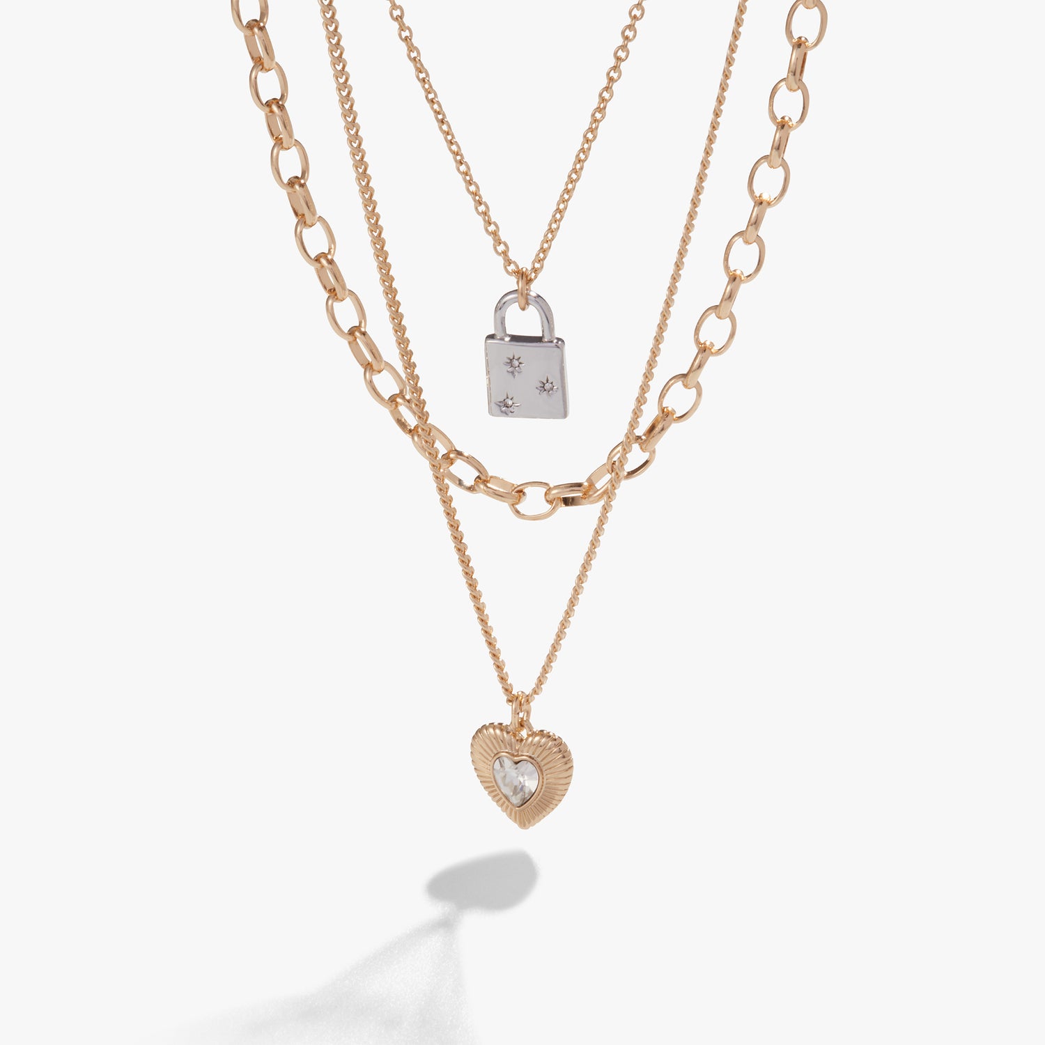 Multi-Chain Heart + Lock Necklace