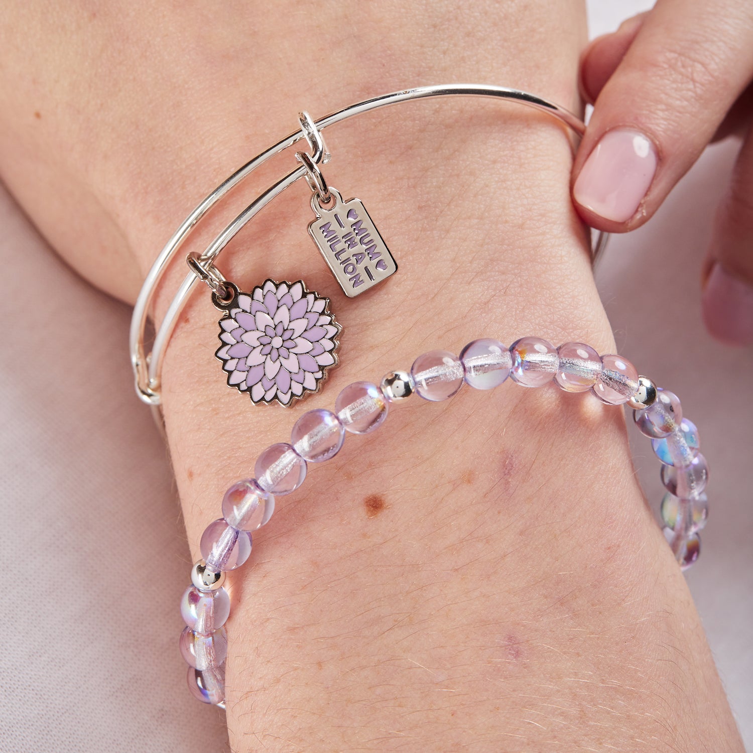 'Mum in a Million' Purple Flower Duo Charm Bangle, Set of 2