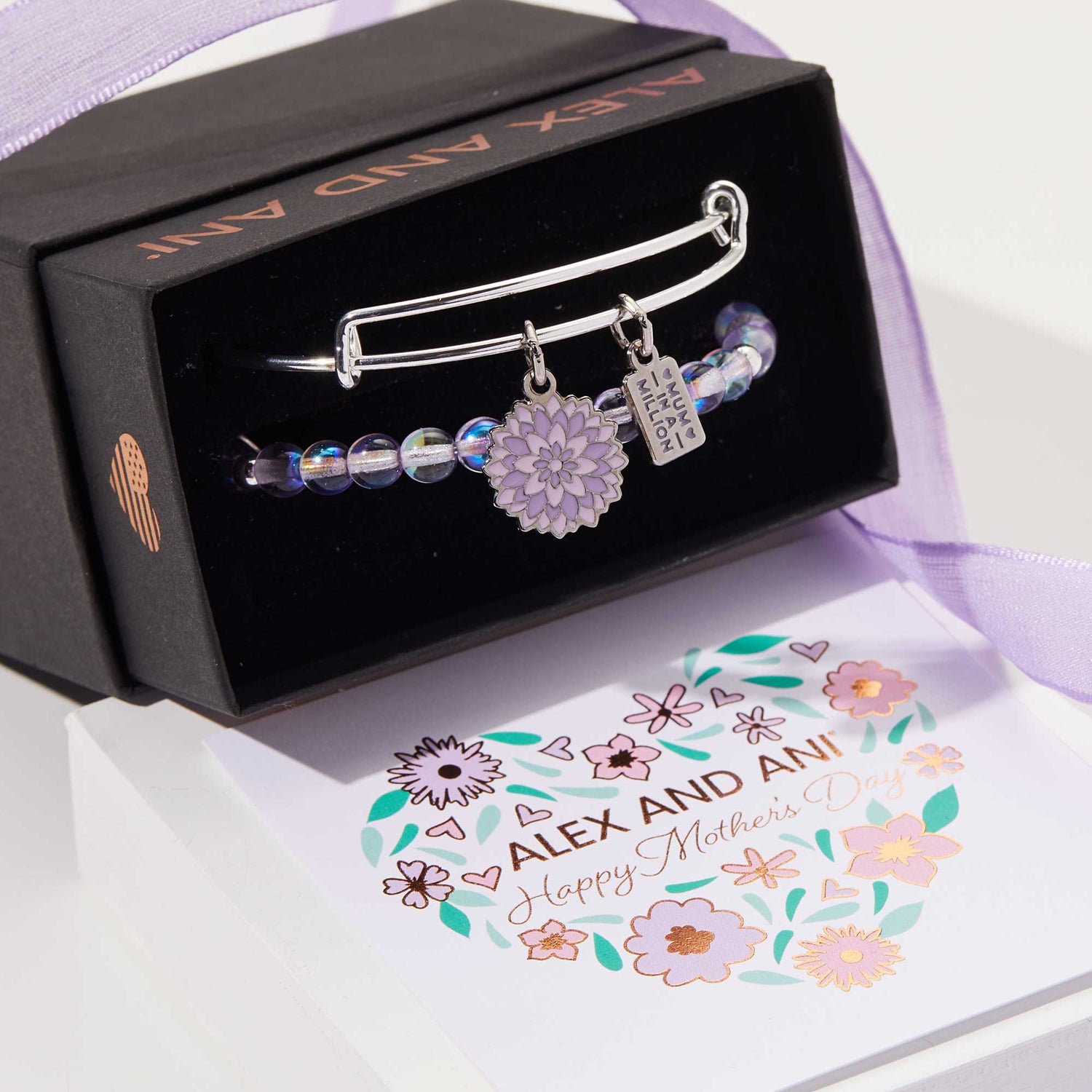 'Mum in a Million' Purple Flower Duo Charm Bangle, Set of 2